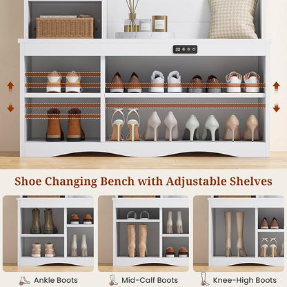 UPOSOJA Hall Tree with Deodorizing, Entryway Bench Shoe Storage, Coat Racks, Led Lights, 7 Coat Hooks, 7 Storage Cubbies, Adjustable Shelf (White)