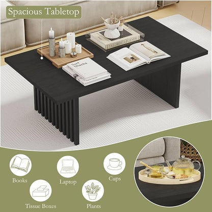 BON AUGURE Coffee Tables for Living Room, 47 Inch Modern Living Room Table, Rectangular Coffee Table with Spacious Tabletop, Slatted Panel Center Tables Centerpiece, Black Oak
