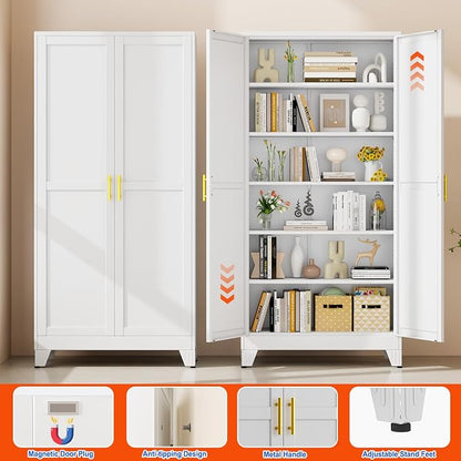 GAIOUS 75'' Tall Metal Garage Storage Cabinet,File Cabinet with 2 Doors and 5 Adjustable Shelves, Outdoor Steel Tool Cabinet for Home,Office,Warehouse,Garage,White