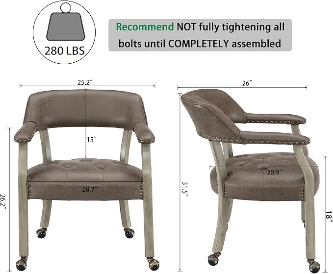 LEEMTORIG Dining Chairs with Casters and Arms, Upholstered Rolling Dining Chairs with Wheels for Elderly, Ergonomic Wide Seat Wooden Office Desk Chairs, 26"Dx25.2"W, Grey Legs & Dark Brown SY-1318-DK