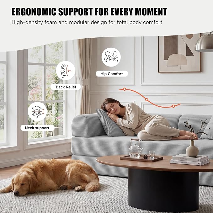 79" Convertible Sleeper Sofa Bed, Corduroy Boneless Fold-Out Couch in a Box, 4-in-1 Loveseat/Futon Couch, High-Density Foam, No Assembly, Side Pockets, 2 Pillows for Small Spaces, Light Grey