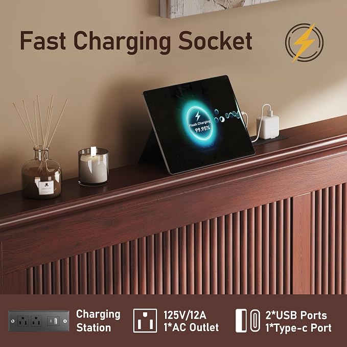 Lifezone King Bed Frame with Headboard, Solid Wood Bed Frame King Size with Charging Station & RGB LED, Wood Slats Support, Noise-Free, Sturdy Structure, Easy Assembly, Mahogany