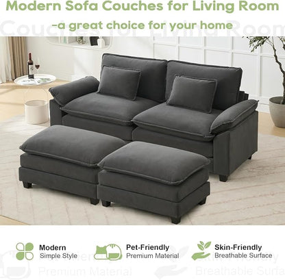 Oprisen 86" Modular Sectional Sofa, Comfy Cloud Couch Sectional Sofa with Ottoman, Velvet Sofa Sleeper Deep Seat Sofa with Throw Pillows for Living Room (Blue Grey)