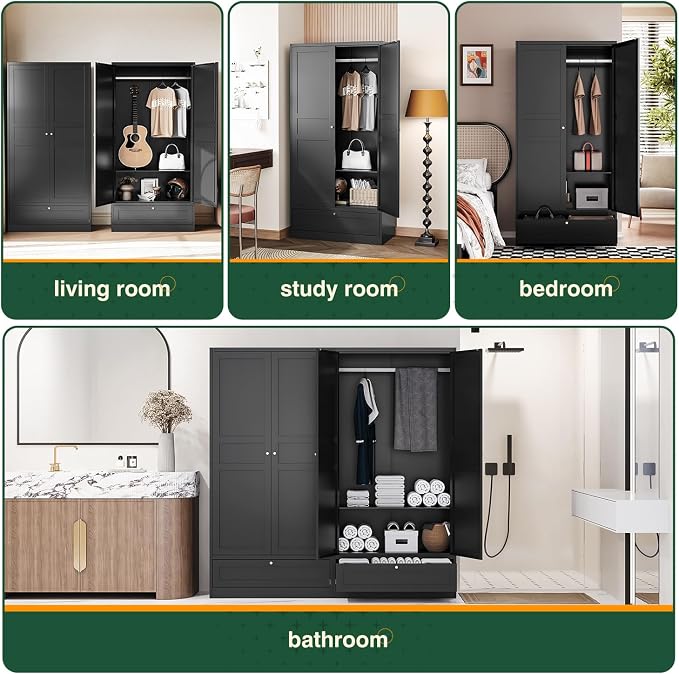 Letaya Metal Wardrobe Cabinets,18" Deep Clothing Storage Cabinet with Doors and Shelves,for Home Room,Fire Department, School, Employee,Gym,Government (Black)