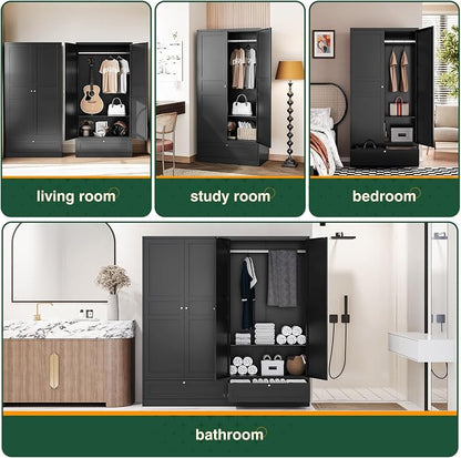 Letaya Metal Wardrobe Cabinets,18" Deep Clothing Storage Cabinet with Doors and Shelves,for Home Room,Fire Department, School, Employee,Gym,Government (Black)