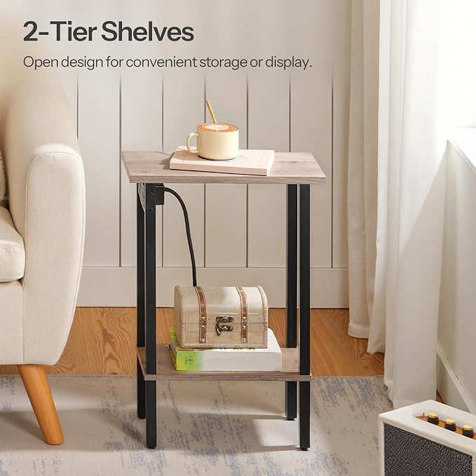 HOOBRO Narrow Side Table, 2-Tier Slim End Table with Charging Station, Skinny Nightstand with Open Storage, for Small Spaces, Living Room, Bedroom, Study, Greige and Black BG240UBZ01