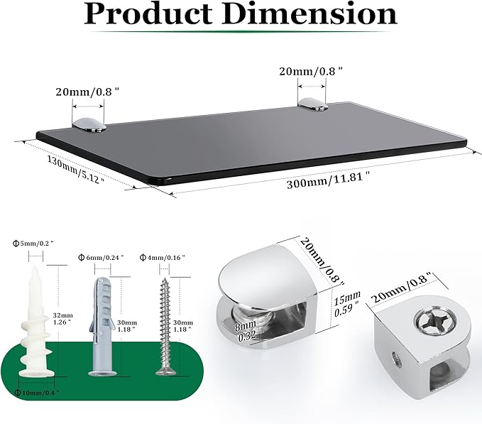 SAYAYO Glass Floating Shelves for Wall, Tempered Glass Shelves for Bathroom, Living Room, Bedroom, Office, Toilet, Kitchen Decor, 12 Inch Set of 2, Black