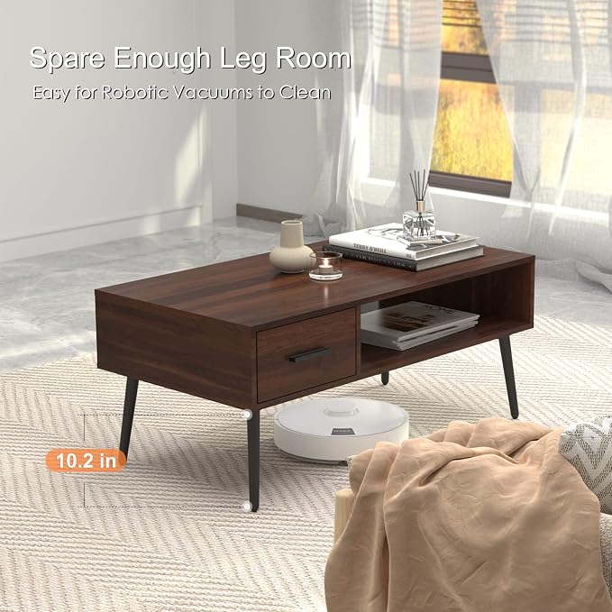 HAIOOU Coffee Table, Mid Century Modern Center Table for Living Room with Storage, Walnut Tea Table with Drawer, Open Storage Shelf, Floor-Anti-Scratching Pine Leg for Home, Office(Dark Brown)