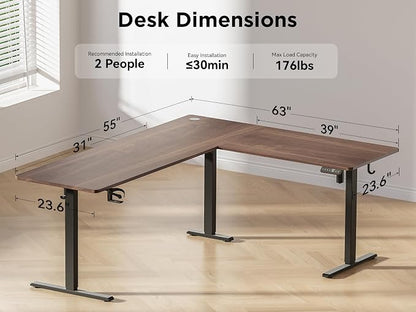 WALKINGDESK 63X55 Inches Reversible L Shaped Standing Desk Height Adjustable with Cup Holder, Electric Corner Computer Desk, Sit Stand up Home Office Desk, Ergonomic Gaming Desk, Black Walnut
