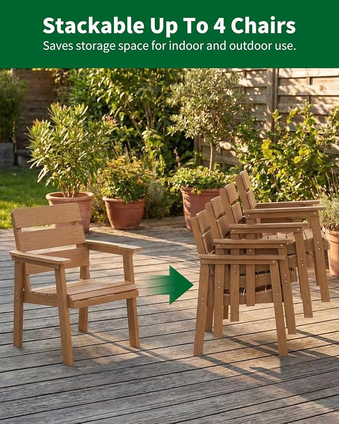 Outdoor Patio Dining Chair Set of 2, All-Weather Patio Chairs with Armrests, Ergonomic Design, Ideal for Garden, Poolside, Backyard, Deck, Teak