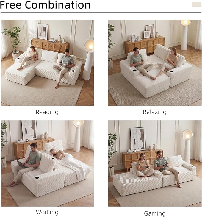 104" L Shaped Boneless Sectional Couches for Living Room, Comfy Corduroy Floor Cloud Sofa with Chaise and Cup Holder, Wide Armrest, Deep Seat, Assembly Free, Ideal for Small Spaces, Beige