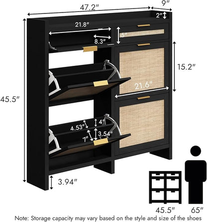 HOKYHOKY Large Rattan Shoe Storage Cabinet with 4 Flip Drawers & 2 Storage Drawers – Hidden Slim Shoe Organizer for Entryway, Large Tabletop Space, Farmhouse Boho Narrow Shoe Rack, Rustic Black