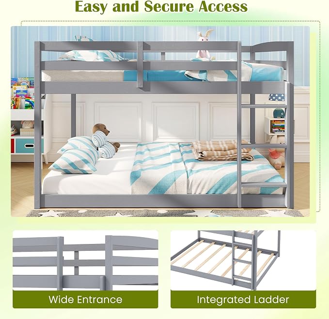 Giantex Full Over Full Bunk Bed, Solid Wood Kids Bunk Bed with Full-Length Guardrails, Integrated Ladder & Anti-Tippling Kits, Low Bunk Beds with Slats Support for Kids, Teens, Grey