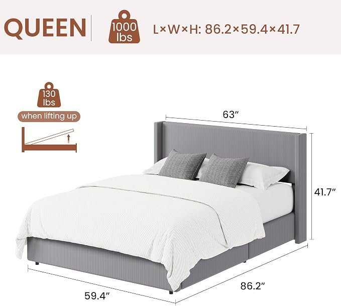 Garvee Queen Lift Up Storage Bed Frame, Corduroy Upholstered Platform Bed with Gas Lift, Padded Headboard, Wooden Slat Support, No Box Spring Needed, Easy Assembly, Taupe Grey