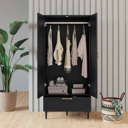 Bedroom Armoire Wardrobe Closet with Hanging Rod,60" 2 Door Almirah for Clothes with Drawers,Morden Storage Cabinet,Black
