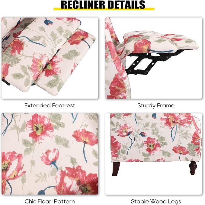 Upholstered Wingback Recliner Chair, Traditional Push Back Recliner Chair with Padded Seat, Fabric Floral Chair Wingback Recliner with Wooden Legs, Small Recliners for Small Spaces