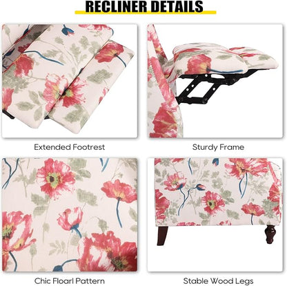Upholstered Wingback Recliner Chair, Traditional Push Back Recliner Chair with Padded Seat, Fabric Floral Chair Wingback Recliner with Wooden Legs, Small Recliners for Small Spaces