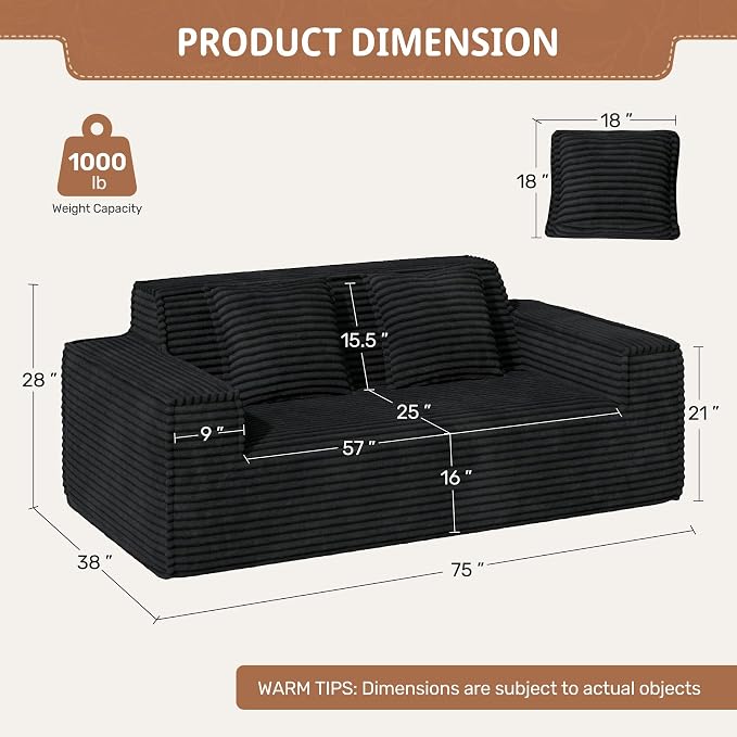 75'' Cloud Loveseat Sofa, No Assembly Required Comfy Deep Seat Couches 1 pcs for Living Room, Bedroom, Apartment