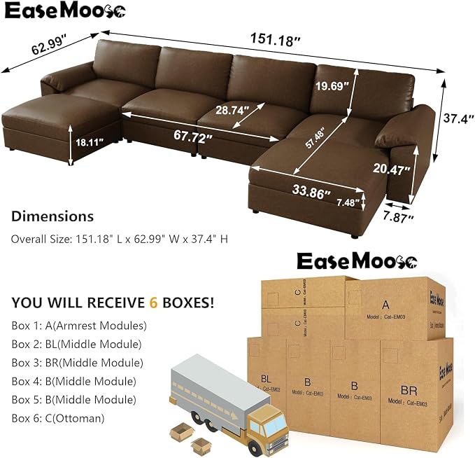 EASE MOOSE Oversized Modular Sectional Sofa,Leather Sectional Couch with Deep Seat, Classic Extra Large U Shaped Couch,Faux Leather Material Sofa Comfy Scratch Resistant for Living Room,Deep Brown