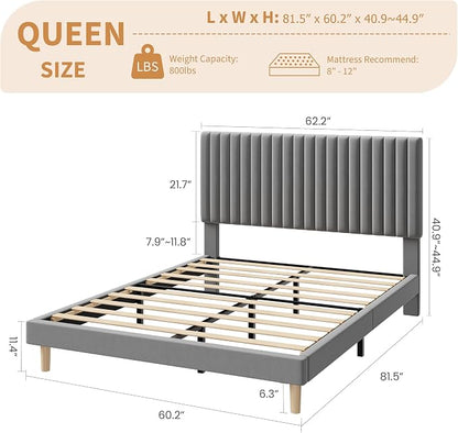 IDEALHOUSE Queen Bed Frame with Adjustable Headboard, Velvet Upholstered Platform Queen Size Bed Frame, Vertical Channel Tufted, Strong Wooden Slats, No Box Spring Needed, Easy Assembly, Grey