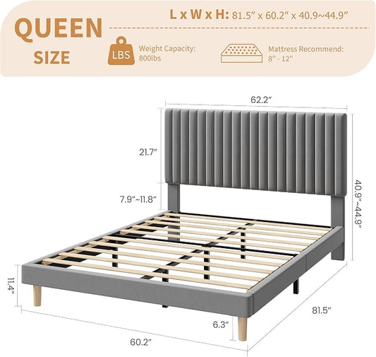 IDEALHOUSE Queen Bed Frame with Adjustable Headboard, Velvet Upholstered Platform Queen Size Bed Frame, Vertical Channel Tufted, Strong Wooden Slats, No Box Spring Needed, Easy Assembly, Grey