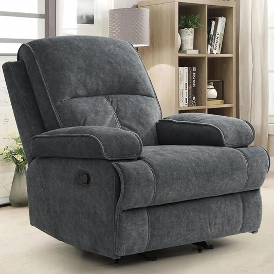 Manual Rocker Recliner Chair for Adults, High Back Glider with Deep Seat, Upholstered Fabric Armchair for Living Room & Nursery (Dark Grey Flannel)