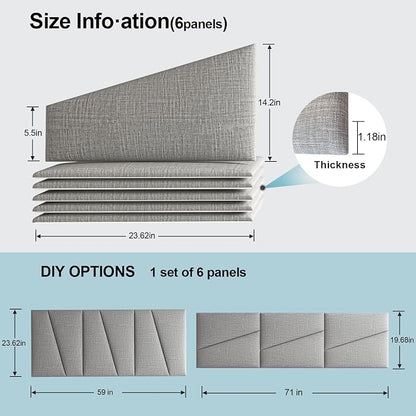 Peel and Stick Headboard for Queen Bed Linen Fabric Upholstered Wall Mounted Headboard - Wall Padding Panel in Light Grey for Bedroom/Living Room/Dorm (6 Panels)