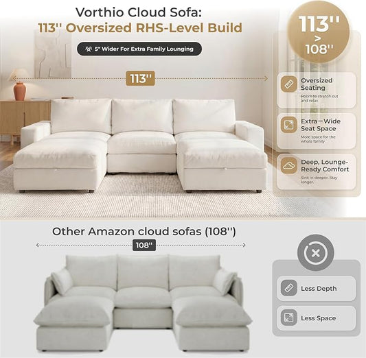 Cloud Couch Sectional 113.8'' Oversized Modular Deep Seat Sofa U Shaped Comfy White Cloud Couch with Washable Cover for Living Room 3 Seat & 2 Ottoman