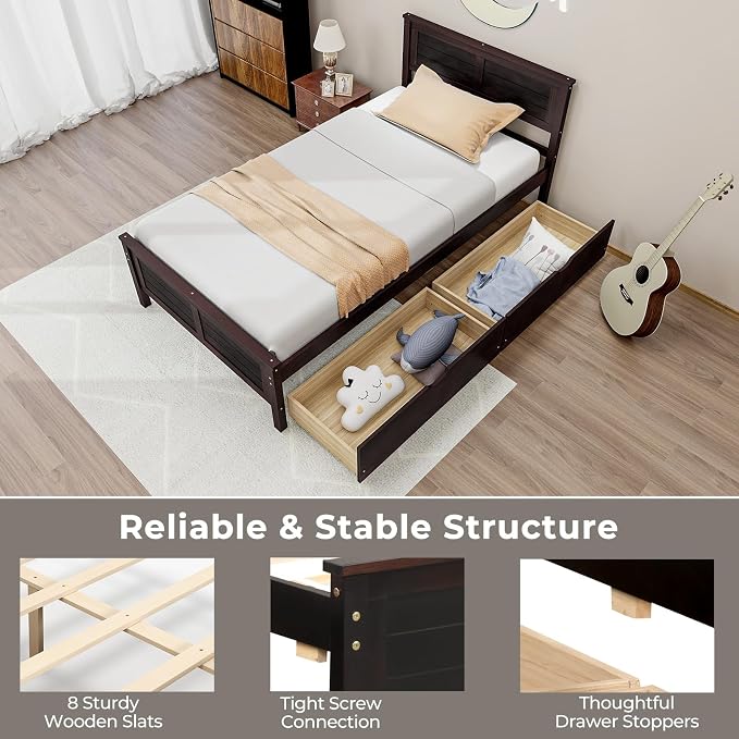 Giantex Wood Twin Bed with 2 Storage Drawers, Solid Wood Platform Bed with Headboard, Wooden Slats Support Mattress Foundation, No Spring Needed, Twin Bed Frame for Kids, Teens, Adults, Espresso