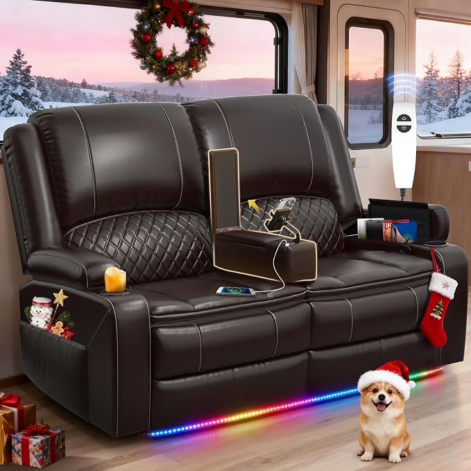 Loveseat Recliner Sofa, Power Reclining Loveseat Sofa RV Couch with Removable Armrest and Remote Control, Wall Hugger Home Theater Seating with 2-Tier Cushions, Storage & USB Ports, Brown