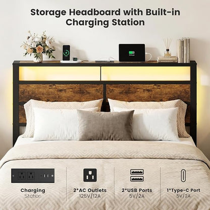 Queen Size Bed Frame with LED Lights, USB Type C Charging Headboard, Brown Metal Platform Bed with Storage Shelf, Noise Free Design, No Box Spring Needed