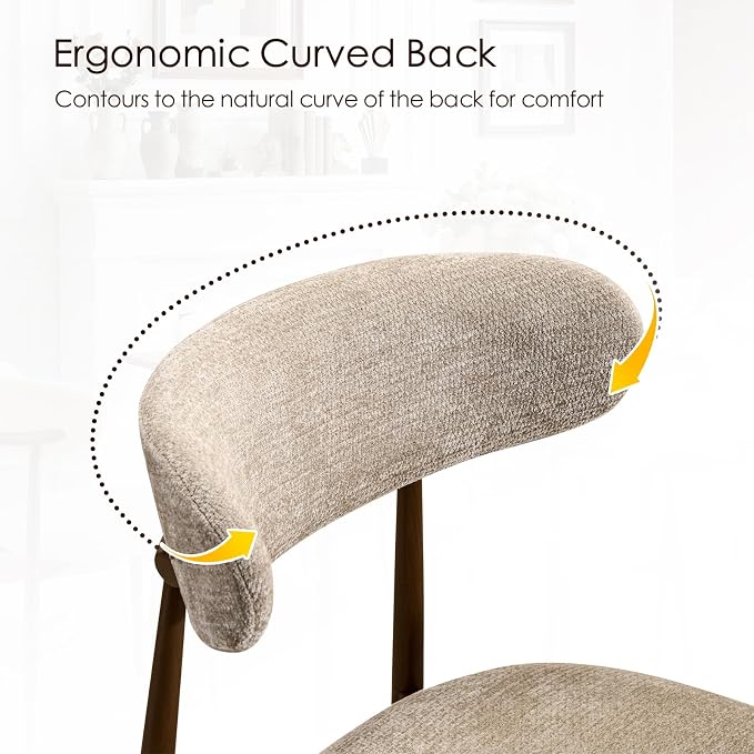Furniliving Mid Century Modern Dining Chairs Set of 4, 300 lbs Capacity Upholstered Chenille Kitchen Chairs with Walnut Grain Metal Legs and Ergonomic Curved Back, Camel(Walnut/Chenille)