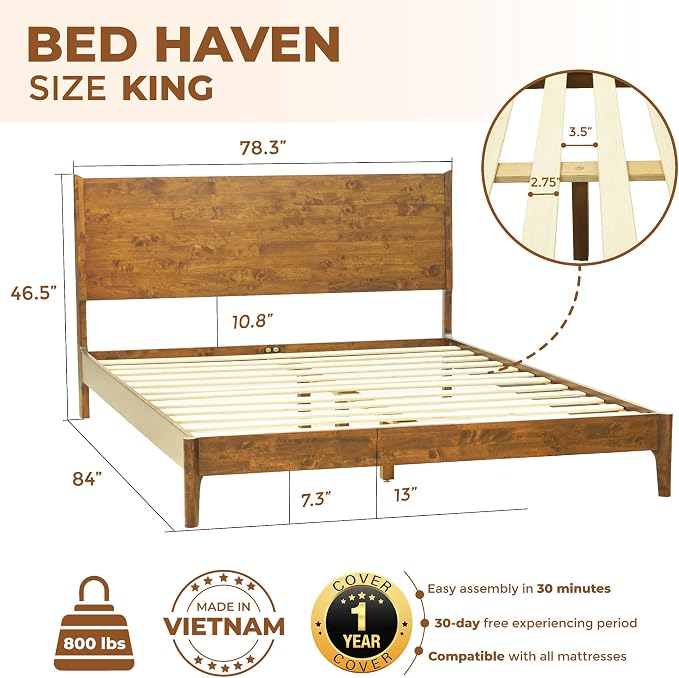 Acacia Haven King Premium Wooden Platform Bed, 100% Solid Wood Platform Bed with Headboard, Wood Slat Support & No Box Spring Needed, Effortless Assembly, 800 lbs Capacity, Caramel.