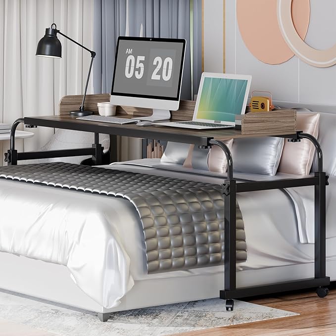 Overbed Table with Wheels, Queen Size Over Bed Desk with Adjustable Height & Length, Over The Bed Rolling Recliner Computer Desk, Mobile Laptop Cart for Bedroom, Living Room, Office, Hospital (47")