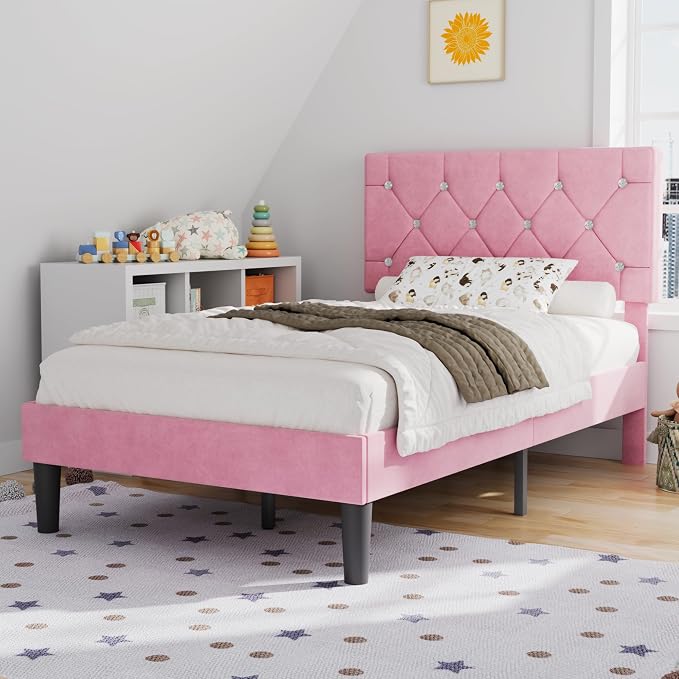 VECELO Twin Size Bed Frame with Diamond Tufted Headboard, Upholstered Platform Bedframe with Wood Slat Support, No Box Spring Needed, Velvet & Pink