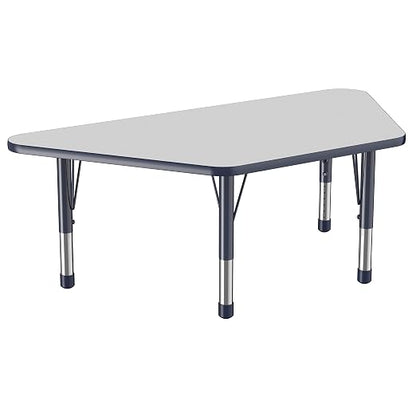 FDP Trapezoid Activity School and Classroom Kids Table (30 x 60 inch), Chunky Toddler Legs for Collaborative Seating Environments, Adjustable Height 15-24 inches - Gray Top and Navy Edge