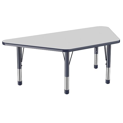 FDP Trapezoid Activity School and Classroom Kids Table (30 x 60 inch), Chunky Toddler Legs for Collaborative Seating Environments, Adjustable Height 15-24 inches - Gray Top and Navy Edge