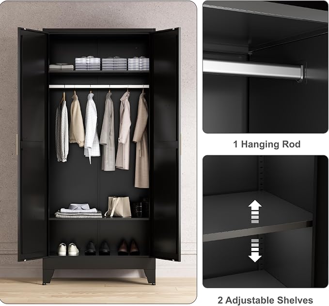 Washsemba 71'' Farmhouse Metal Wardrobe Cabinet with Hanging Rod, 2 Barn Door Wardrobe Closet with 2 Adjustable Shelves,for Dining Room,Bedroom,Living Room, Cloak Room,Office (Black)