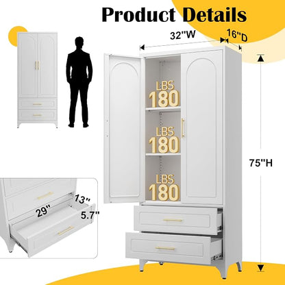 SteeLoong 75" Kitchen Pantry Cabinet,Metal Storage Cabinets with 2 Drawers,Pantry Cabinet with Doors and Shelves,White Tall Storage Cupboard for Living Room, Dining Room Office