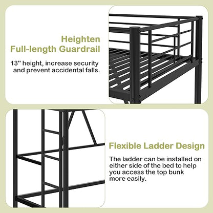 VECELO Metal Loft Bed Twin Size, Heavy Duty Bedframe with Removable Ladder and Safety Guardrail, Space-Saving, Noise Free, No Box Spring Needed, Matte Black