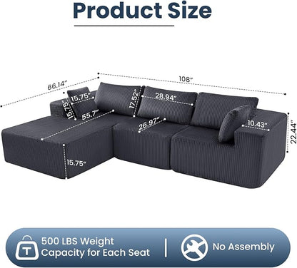 DUMOS 108" L-Shaped Sectional Boneless Couch for Living Room, Upholstered Corduroy Sofa with Deep Seat for Small Apartment, Bedroom, No Assembly in a Box, Left Facing Chaise, Grey