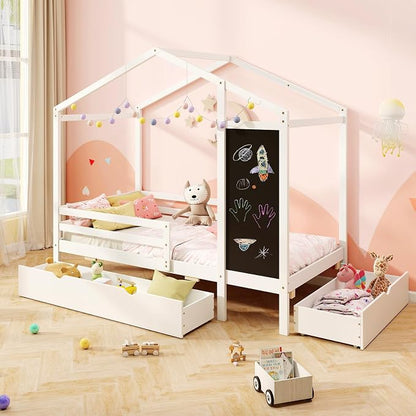 Giantex Twin Bed with 2 Storage Drawers, Solid Wood House Bed with Blackboard & Safety Guardrails, Twin House Bed w/Slats Support, No Box Spring Needed, Twin Bed Frames for Kids Girls Boys (White)