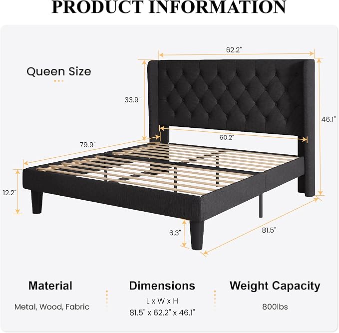 SHA CERLIN Queen Size Platform Bed Frame with Upholstered Headboard and Wingback, Button Tufted Design, Easy Assembly, No Box Spring Needed, Black