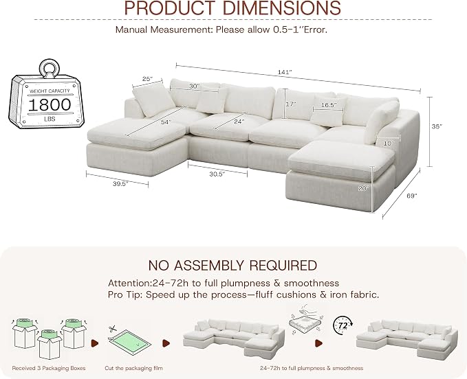 GRUSIGN 141'' Oversized Boneless Cloud Couch for Living Room, Modern Big Sectional Compressed U Shape Couch with 2 Ottoman, Comfy Chenille Deep Seat Memory Foam Spineless 6 Seater Sofa, Beige