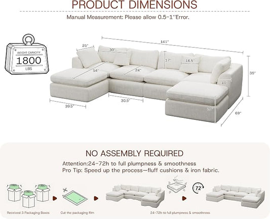 GRUSIGN 141'' Oversized Boneless Cloud Couch for Living Room, Modern Big Sectional Compressed U Shape Couch with 2 Ottoman, Comfy Chenille Deep Seat Memory Foam Spineless 6 Seater Sofa, Beige