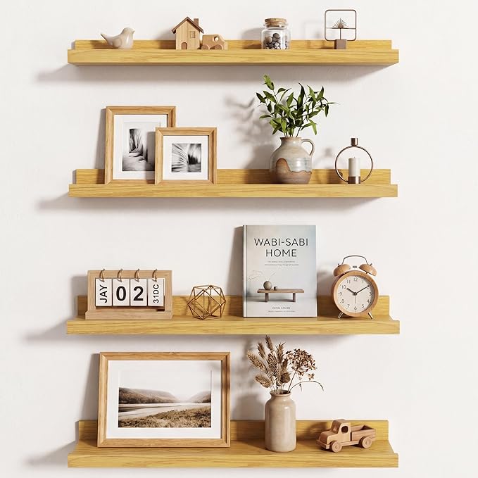 Axeman Picture Ledge Shelf | 24 Inch Oak Floating Shelves Set of 4 | Rustic Wood Wall Shelves with Lip | 24" Oak Picture Shelves for Wall with Ledge | Photo Shelves