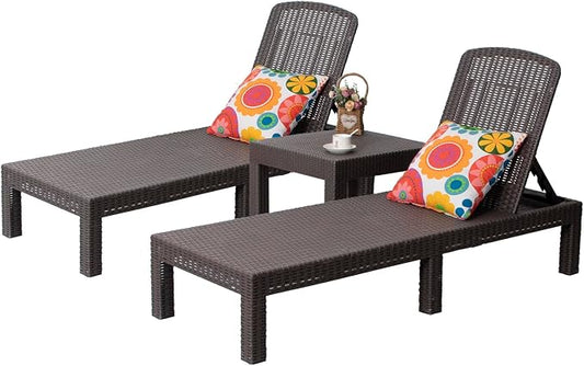 DIMAR GARDEN Outdoor Chaise Lounge, Pool Lounge Chair with Table, 3 Pieces Mocha