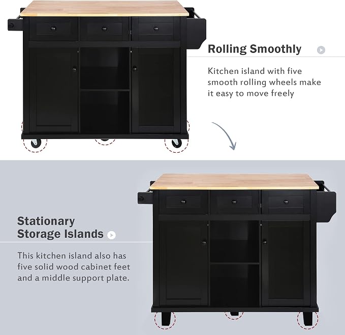 Large Kitchen Island with Rubber Wood Drop Leaf, Rolling Kitchen Cart with Ample Storage on Wheels with Doors and Drawers for Dining Room (Modern Black, Black Handle, 53Inch)
