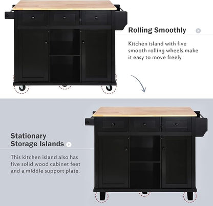 Large Kitchen Island with Rubber Wood Drop Leaf, Rolling Kitchen Cart with Ample Storage on Wheels with Doors and Drawers for Dining Room (Modern Black, Black Handle, 53Inch)