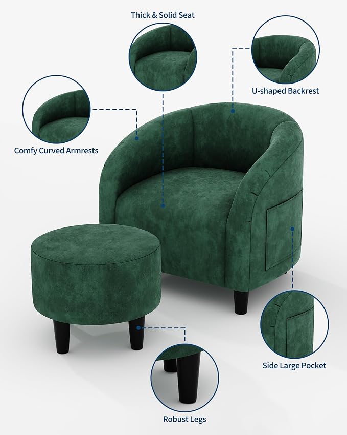 GarveeHome Accent Chair with Ottoman, Velvet Barrel Chair, Luxury Accent Armchair with Footstool for Reading Room Bedroom, Retro Green